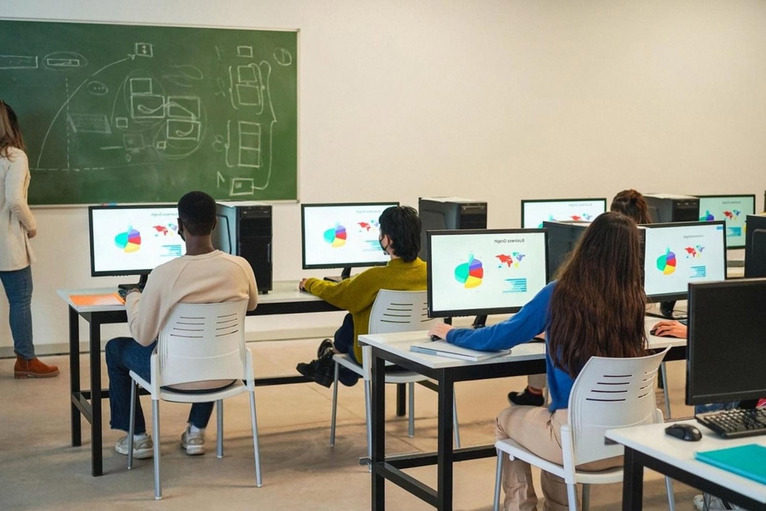 Adult learners at computer workstations in a UAE classroom studying business analytics